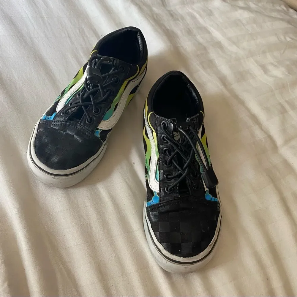 Kids Black and Rainbow Flame Old Skool Vans